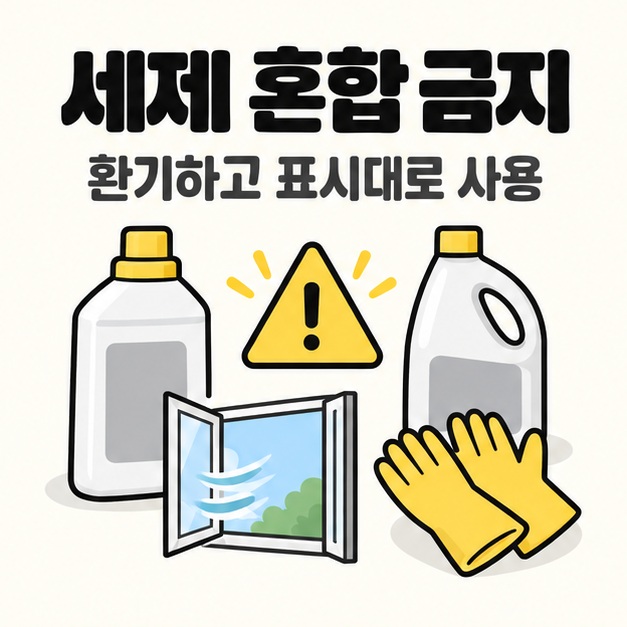 세제를 섞지 않고 환기하며 청소하도록 장갑과 세제 용기를 보여 주는 그림