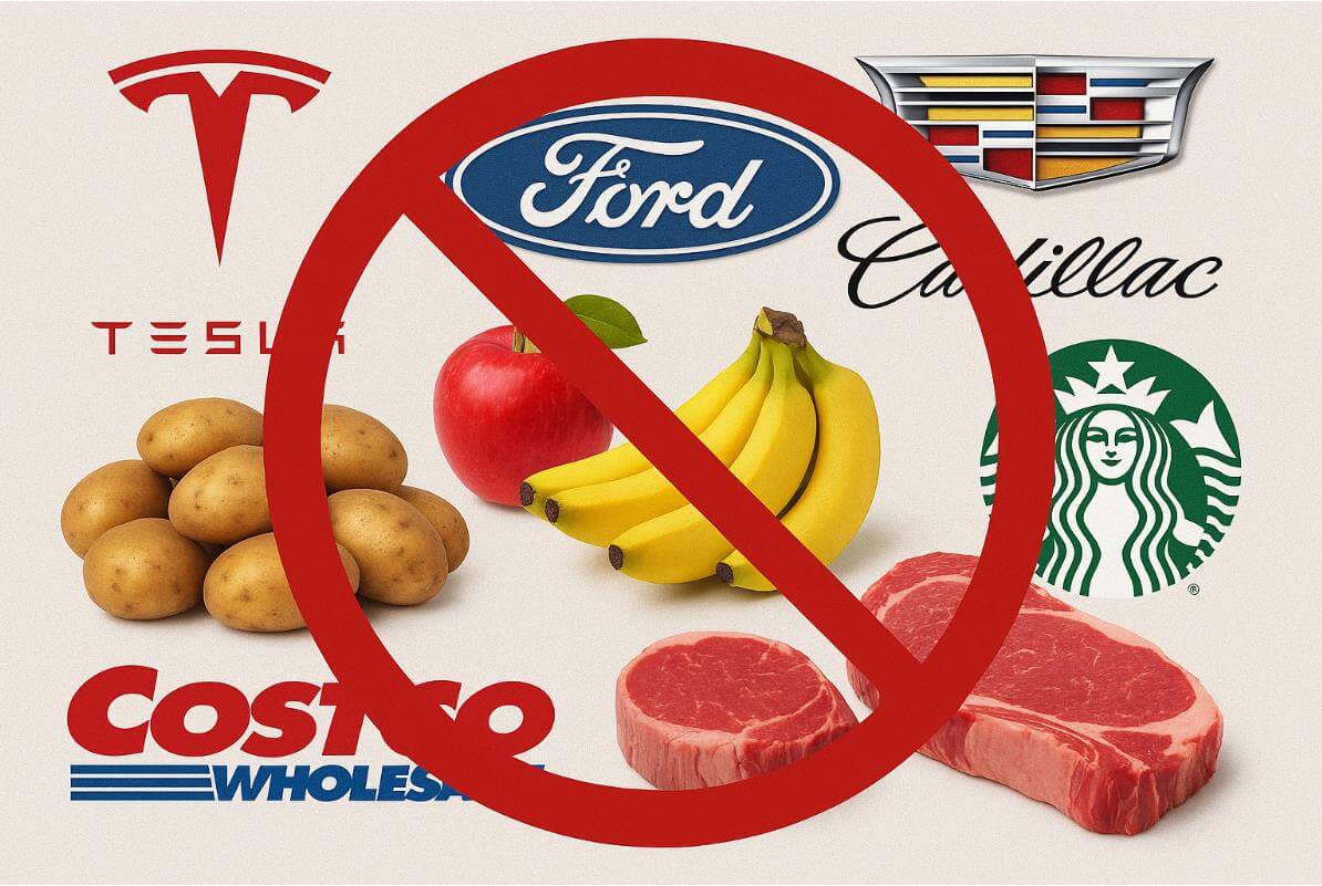 미국 브랜드와 농축산물에 불매 표시된 이미지