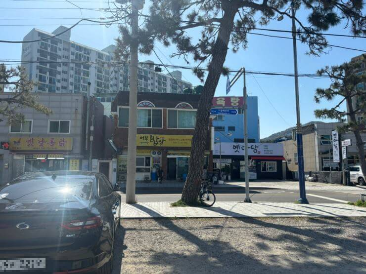 뒤에 건물 3채가 나란히 있고 건물 앞에 2차선 도로가 있다. 2차선 도로 앞으로 가로수와 전봇대가 있고 검은색 자동차가 주차되어 있다.