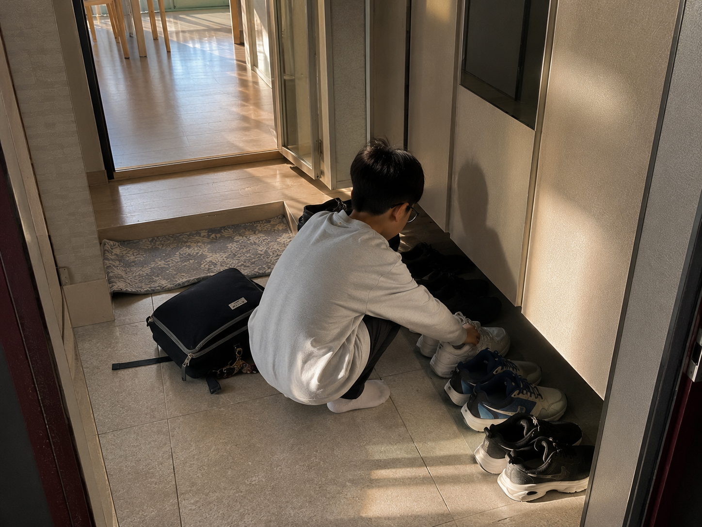 학교에서 돌아와 신발을 정리하는 초등학교 4학년 아이의 뒷모습