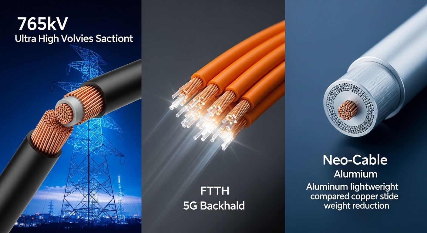 Daewon Cable three key product lineup macro photography triptych. Left 765kV ultra high voltage power cable massive cross section copper conductor insulation layer blue electric glow power tower silhouette. Center fiber optic cable bundle orange jacket FTTH 5G backhaul light beams. Right Neo-Cable aluminum lightweight cross section silver thin compared copper side by side weight reduction. Blue gray dark professional.