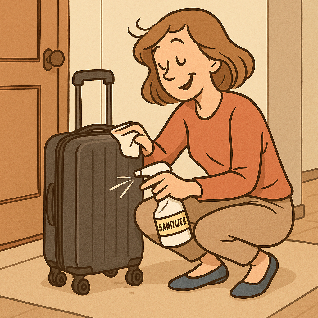 여행에서 돌아와 현관에서 바로 캐리어를 닦는 여성