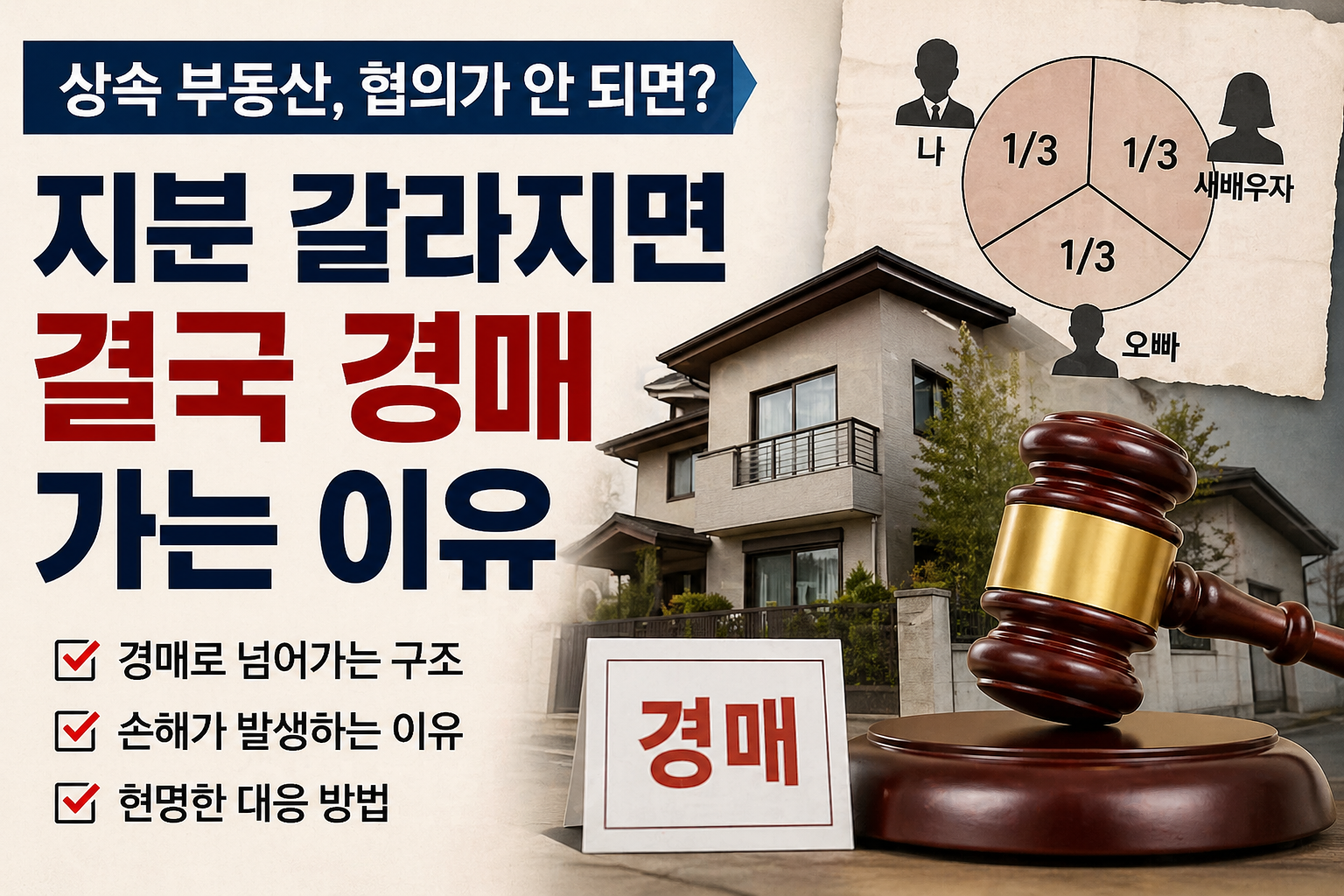 상속 부동산 지분 분할 시 경매로 넘어가는 구조 설명 이미지