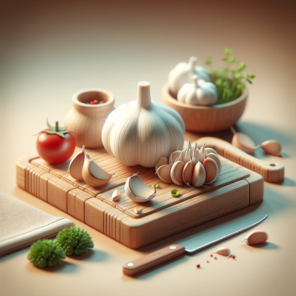 신선한 마늘이 등장하는 주방 장면의 이미지