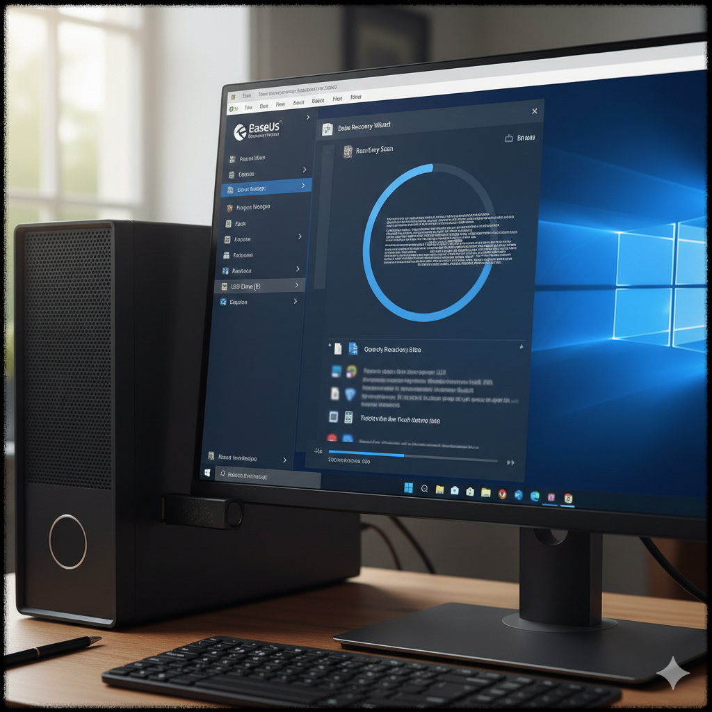USB 드라이브에서 사라진 파일을 복구하려는 모습