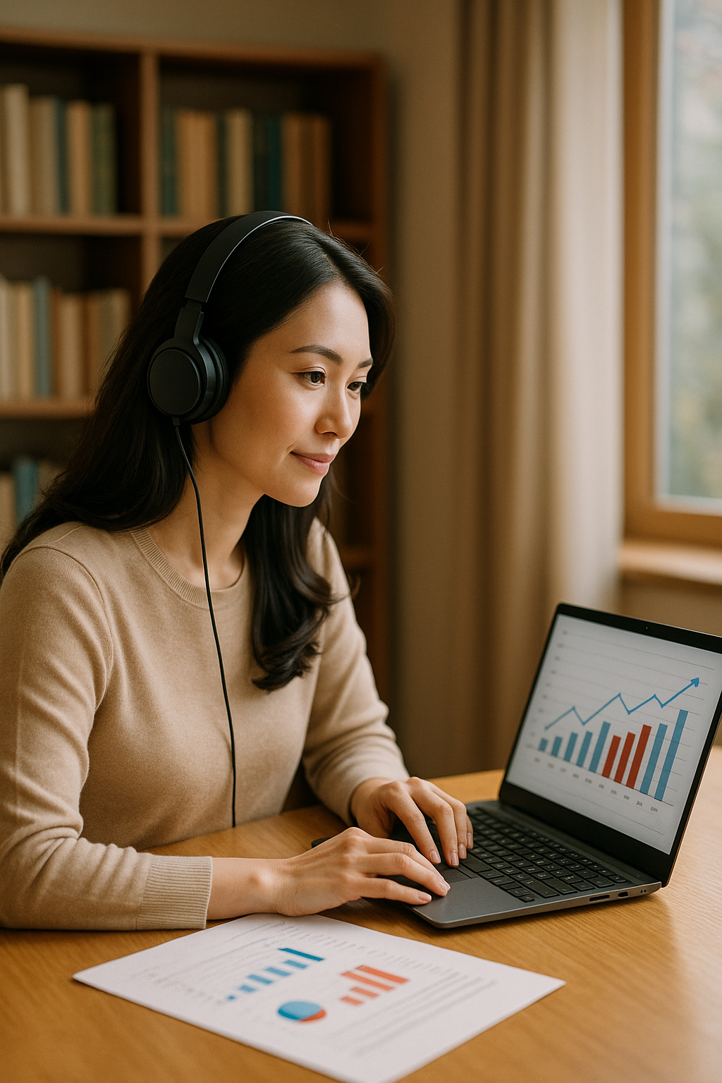 중년 여성이 헤드셋을 끼고 노트북으로 온라인 강의에 집중하는 모습