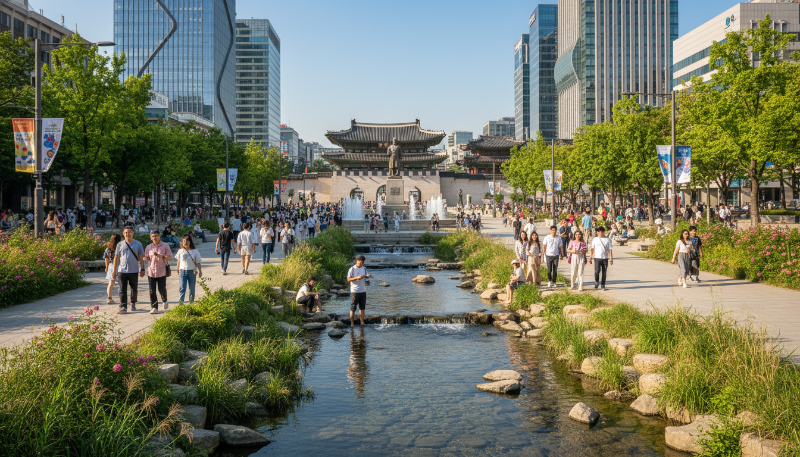 2025년 서울 청계천과 광화문광장 라인 전경. 외국인 관광객들이 맑은 물이 흐르는 청계천을 따라 산책하고, 웅장한 광화문광장의 세종대왕 동상 앞에서 기념사진을 찍는 모습이 어우러져 활기찬 도심 속 힐링 공간을 보여줍니다.