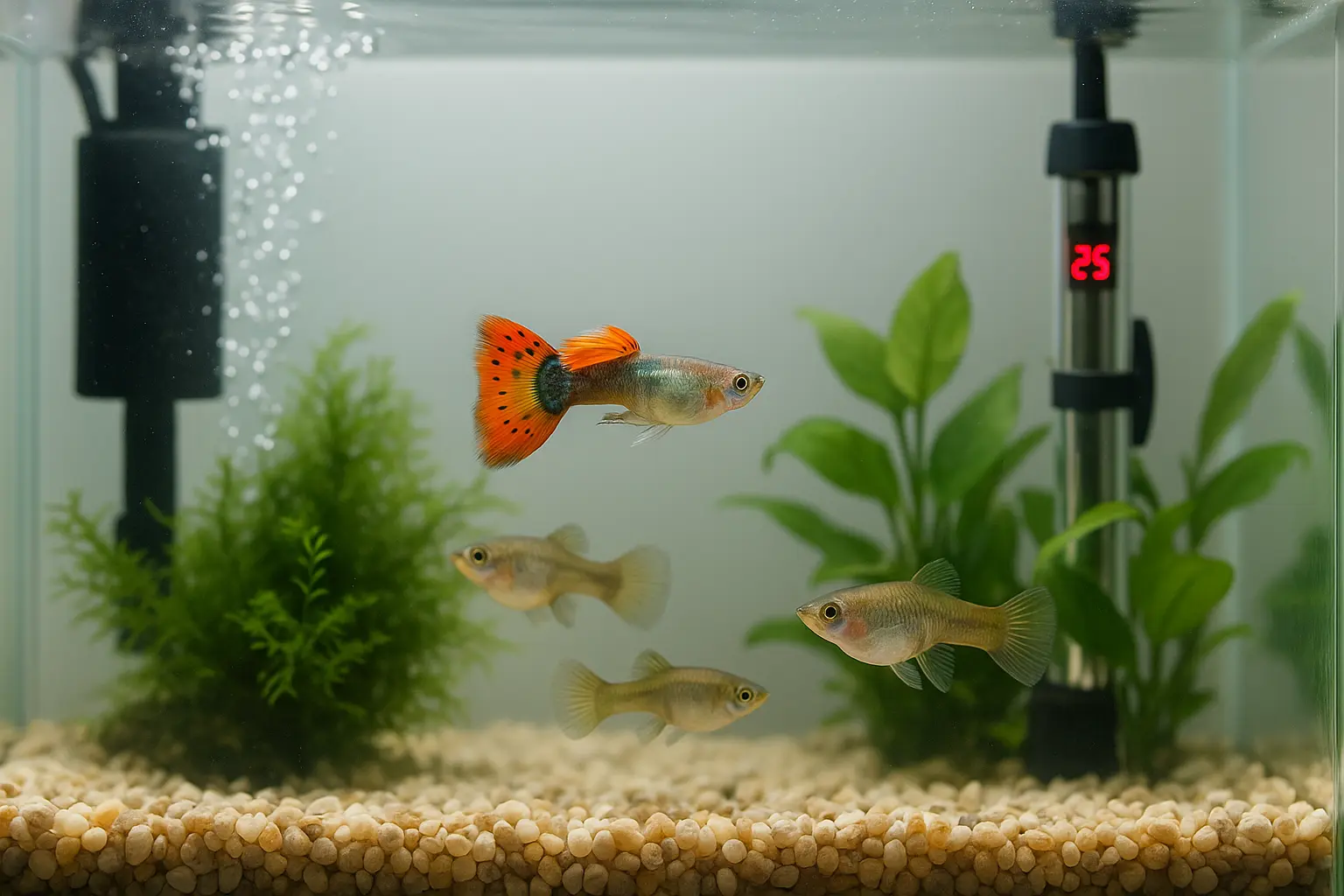 깨끗한 45~60L 가정용 초보자용 구피 어항, 스펀지필터와 히터가 설치되어 있고 건강한 수컷과 암컷 구피들이 자바모스와 아누비아스 사이에서 유영하는 모습