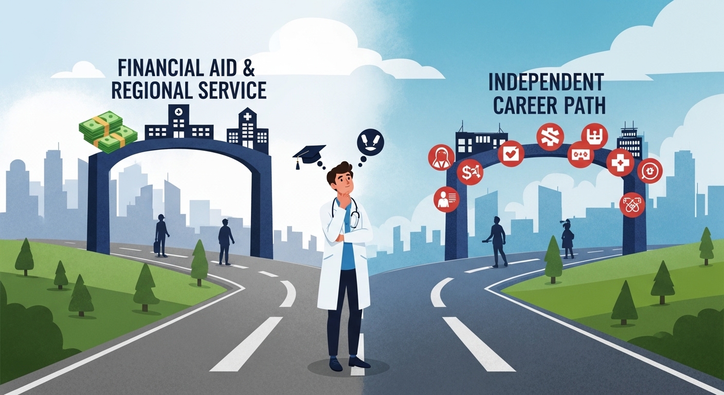 의대생이 지역의사제 학비 지원과 의무 복무, 혹은 자유로운 진로 선택 사이에서 고민하는 모습