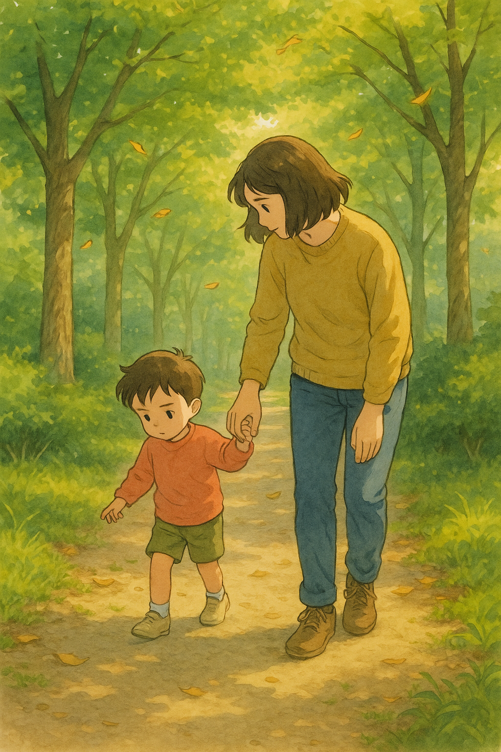 아이의 발걸음에 맞춰 걷고 있는 엄마