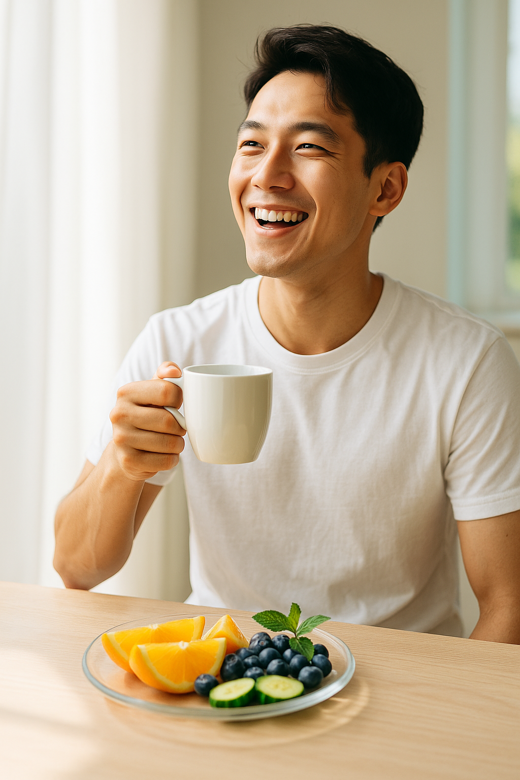 짧은 머리의 동양인 남성이 창문 옆에서 햇살을 받으며 미소 짓는 모습, 여름 아침 분위기