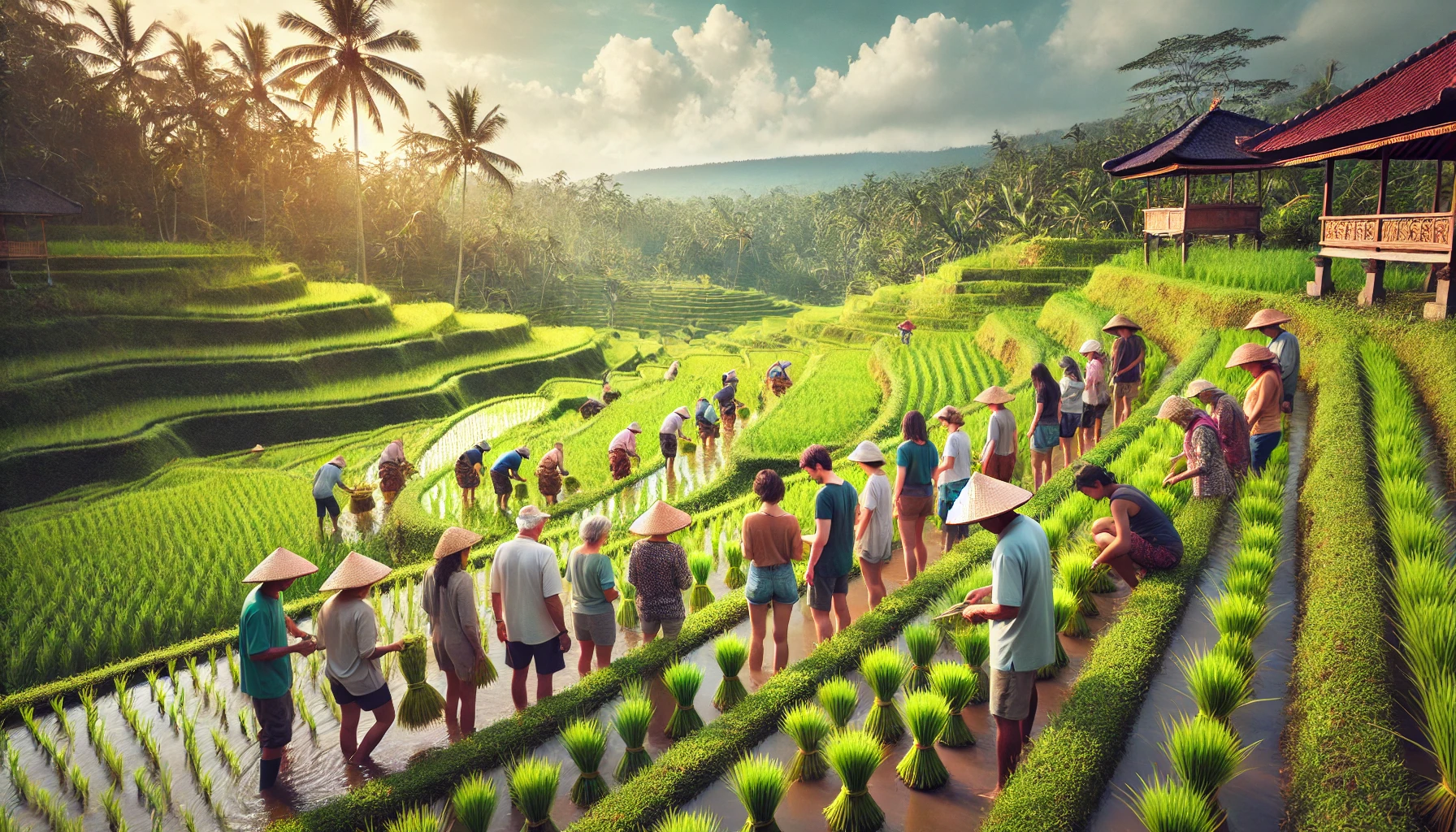 발리의 푸른 논밭에서 농장 체험을 하는 모습