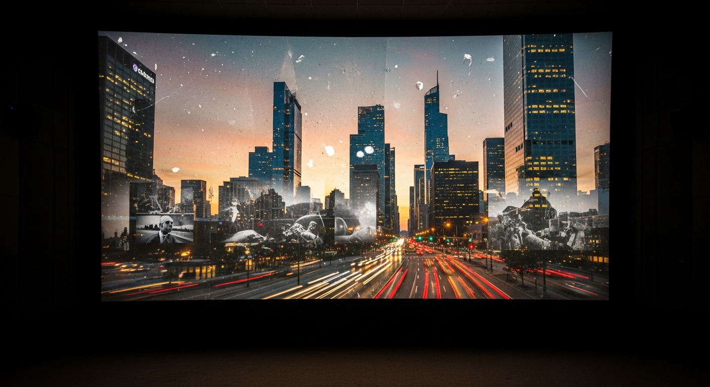 오래된 영화 스크린에 현대 도시의 모습이나 역사적인 사건의 장면이 거울처럼 비치고 있는 이미지