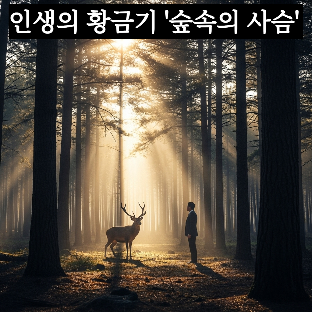 신비로운 안개가 낀 새벽 숲속에서 거대한 뿔을 가진 우아한 사슴이 한 한국인 리더와 마주하고 있는 풍요롭고 평화로운 분위기의 일러스트