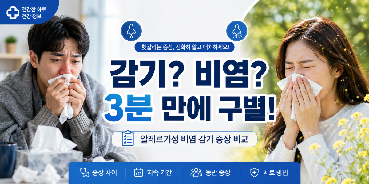 alt="감기와 알레르기성 비염 증상을 비교하며 콧물과 재채기 차이를 설명하는 건강 정보 이미지"