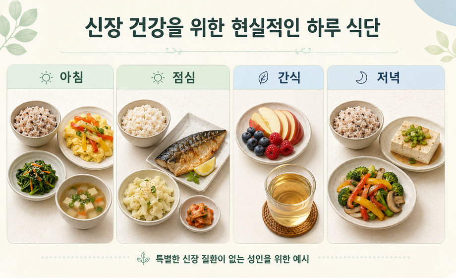 신장 건강을 위한 아침, 점심, 간식, 저녁 하루 식단 예시를 정리한 이미지