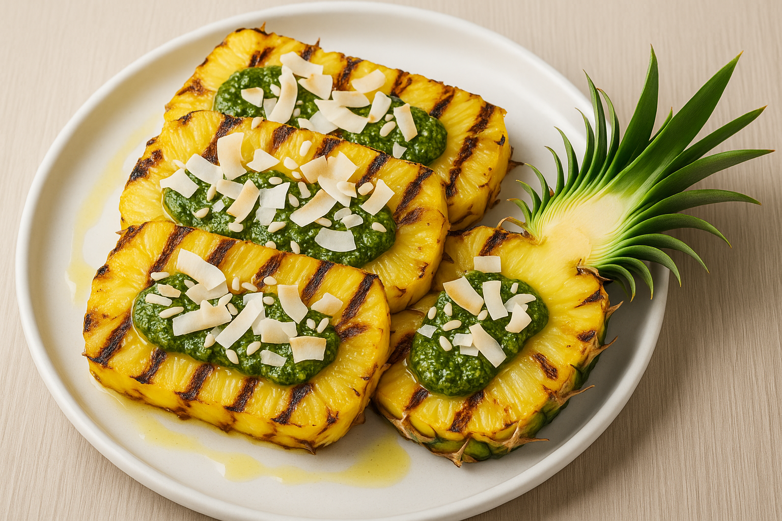 "그릴에 구워진 파인애플에 코코넛칩과 바질페스토가 얹혀진 여름 브런치 요리"