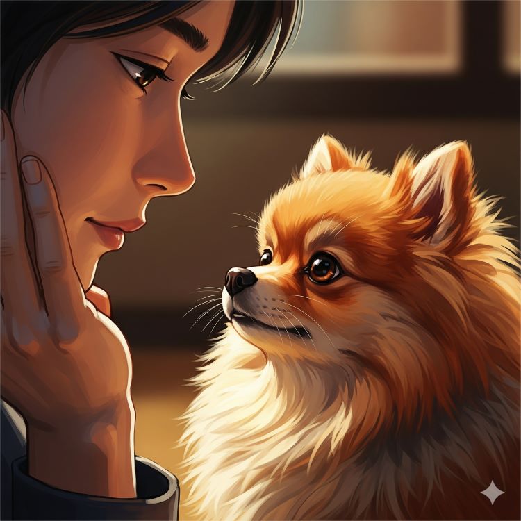 보호자가 강아지와 눈을 맞추며, 아이의 작은 표정 하나하나에 귀를 기울이는 듯한 따뜻하고 부드러운 모습을 담고 있다.