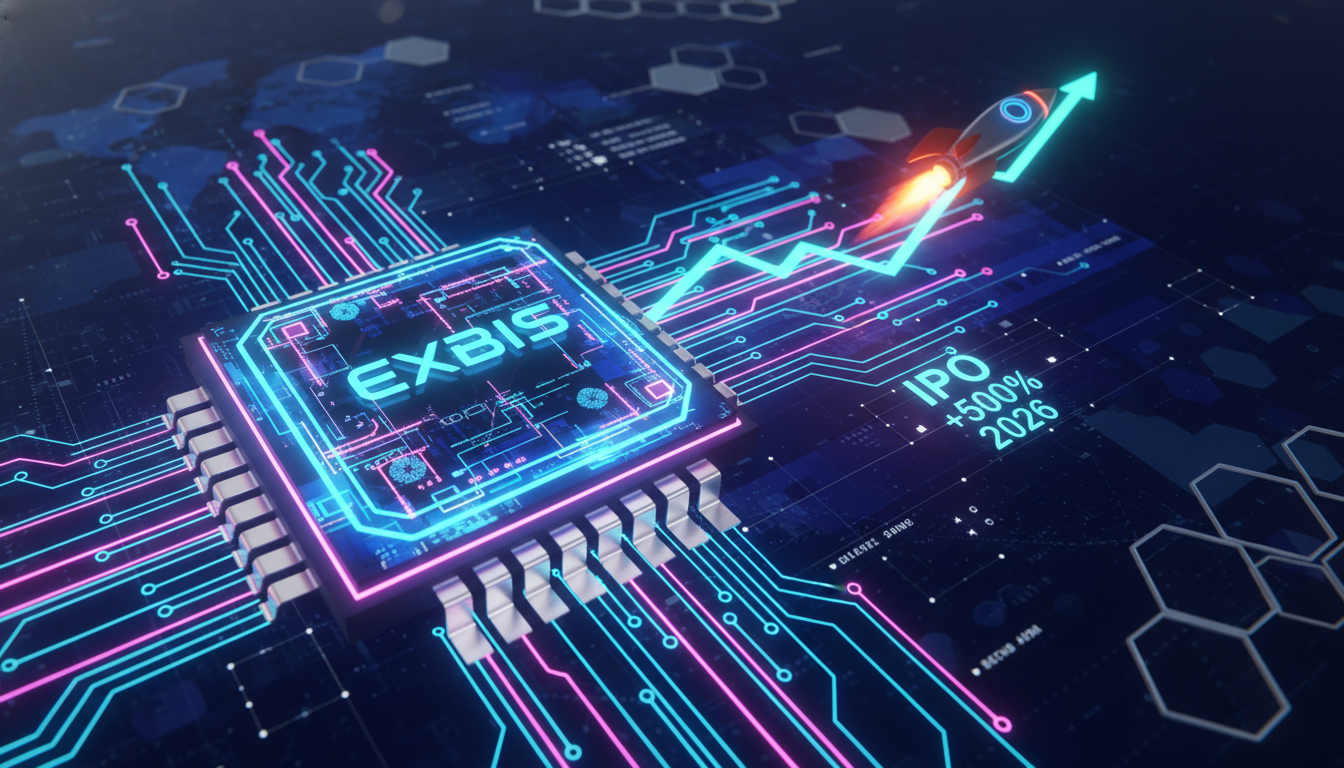 엑스비스(EXBIS) 상장 성공과 주가 급등을 상징하는 AI 반도체 칩과 우상향 그래프 일러스트