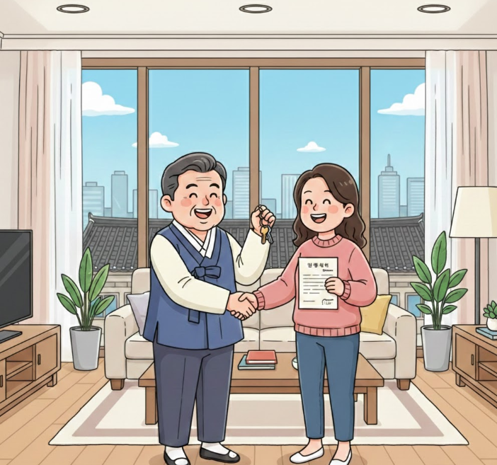 한국인 임대인과 임차인이 서로 만족하며 웃고 있는 만화 형식 이미지