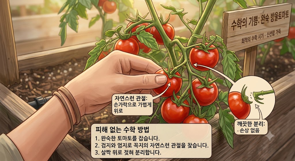 손가락으로 방울토마토 꼭지 마디를 위로 가볍게 밀어 올려 상처 없이 분리하는 현장 설명 삽화