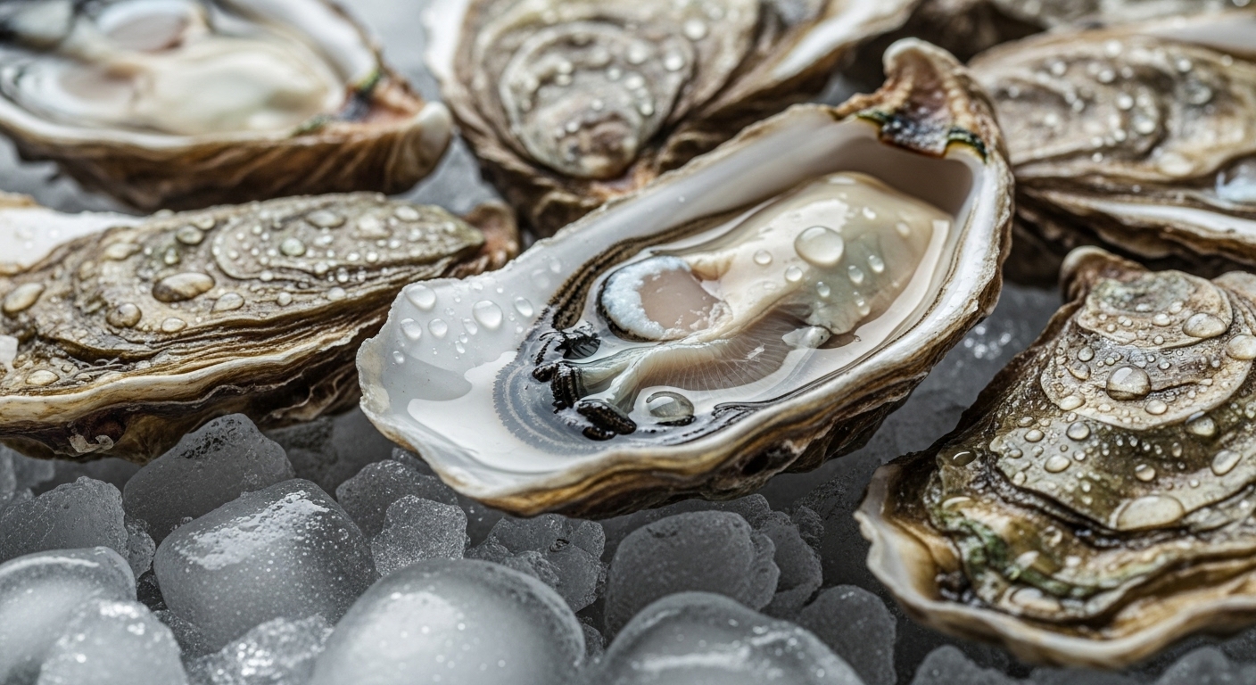 차가운 얼음 위에 껍질째 놓인 신선한 생굴 여러 개. 굴의 촉촉하고 탱탱한 질감이 돋보입니다.