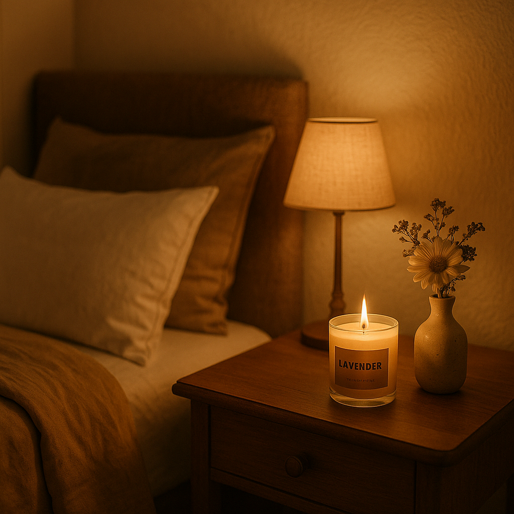침대 옆 협탁 위 라벤더 향초와 꽃병이 있는 아늑한 침실 인테리어