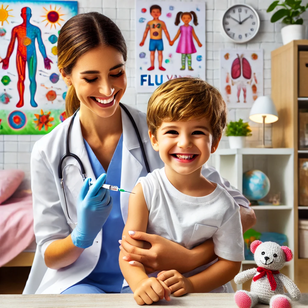 아이가 병원에서 예방접종 주사를 맞는 모습