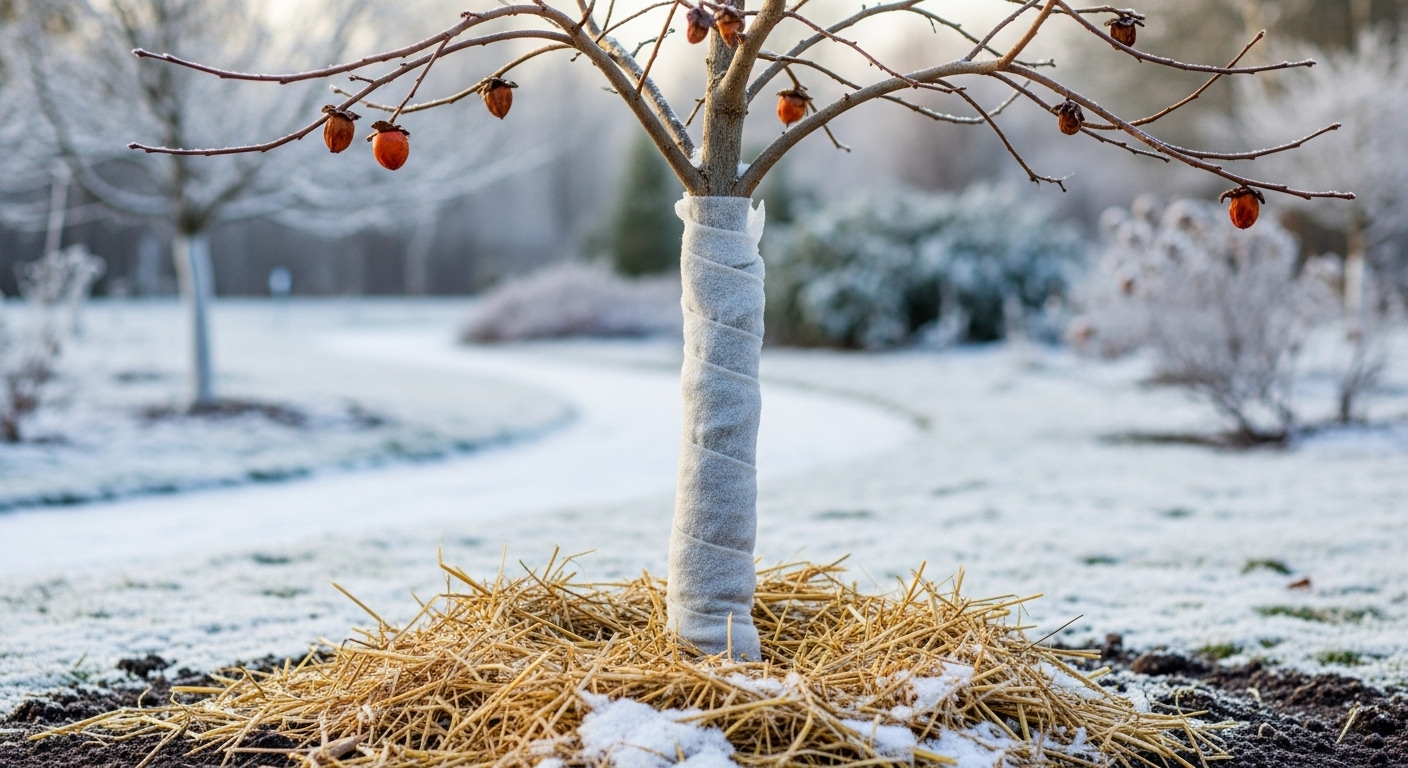 겨울철 짚으로 멀칭하고 부직포로 감싼 어린 감나무 줄기. 눈이 살짝 덮인 정원에서 추위를 이겨내기 위한 보호 조치.