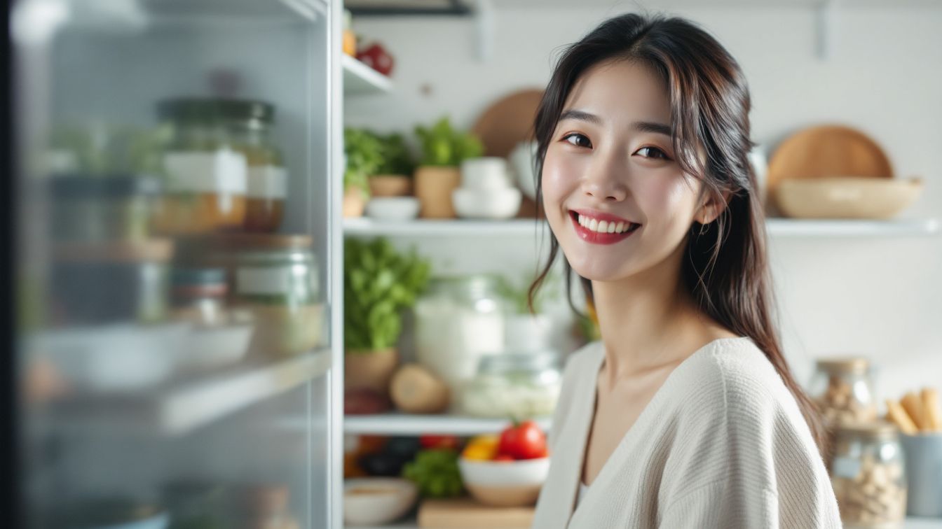 정돈된 냉장고 앞에서 밝게 웃고 있는 한국 여성의 모습, 냉장고 속은 식재료와 유리 용기로 깔끔하게 정리되어 있음