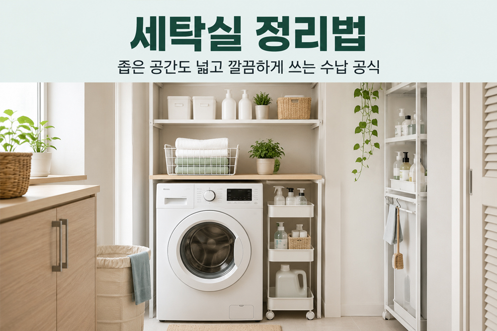 세탁기 선반과 틈새수납장을 활용해 좁은 세탁실을 깔끔하게 정리한 세탁실 수납 인테리어