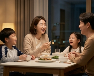저녁에 온 가족이 오늘 이야기를 나누는 모습