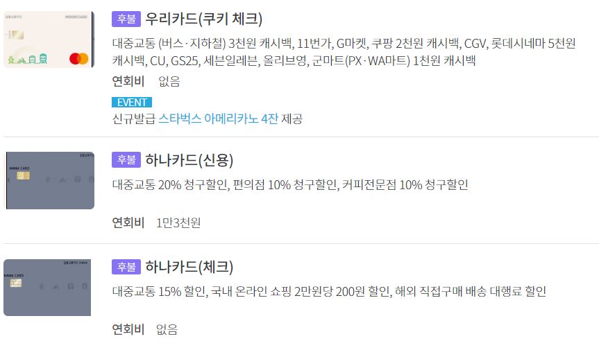 광역알뜰교통카드-신용카드-체크카드-정리