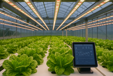 자동 LED 조명이 작동 중인 수경재배 온실에서 스마트 제어판이 실시간 빛 데이터를 표시하는 모습