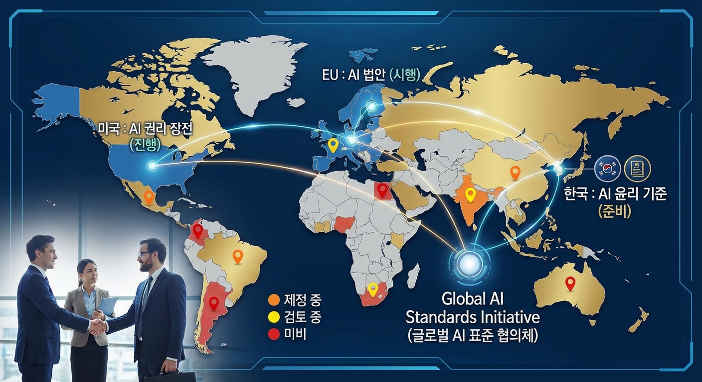 세계 지도 위에 한국, 미국, 유럽 등 주요 국가들의 AI 도시 관련 법안 및 규제 현황을 시각화하여 글로벌 표준화 동향을 보여주는 이미지