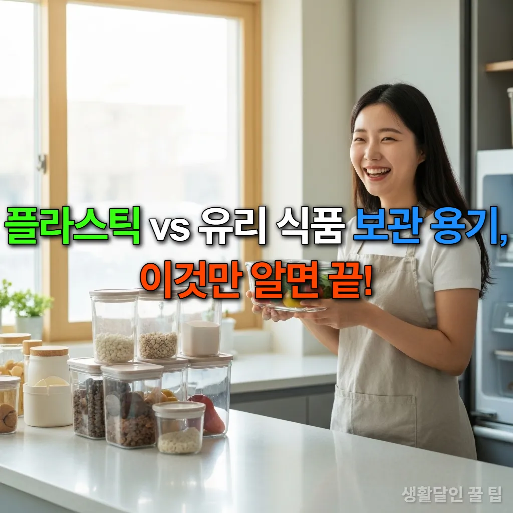 주방에서 신선한 채소가 담긴 유리 식품 보관 용기를 들고 환하게 웃고 있는 젊은 여성