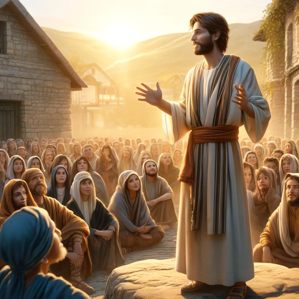 Here are the images depicting a missionary preaching about Christ with passion and sincerity to a diverse group of listeners in an ancient village setting. The missionary's expression and posture convey his deep wish for the listeners to embrace the faith as he has.