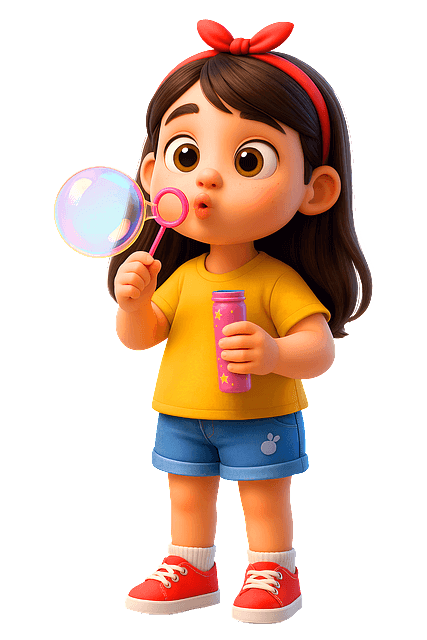 긴머리 여자아이가 빨간 머리띠를 한채 비눗방울 놀이를 하고 있다. 노란 반팔티와 청반바지를 입었다.