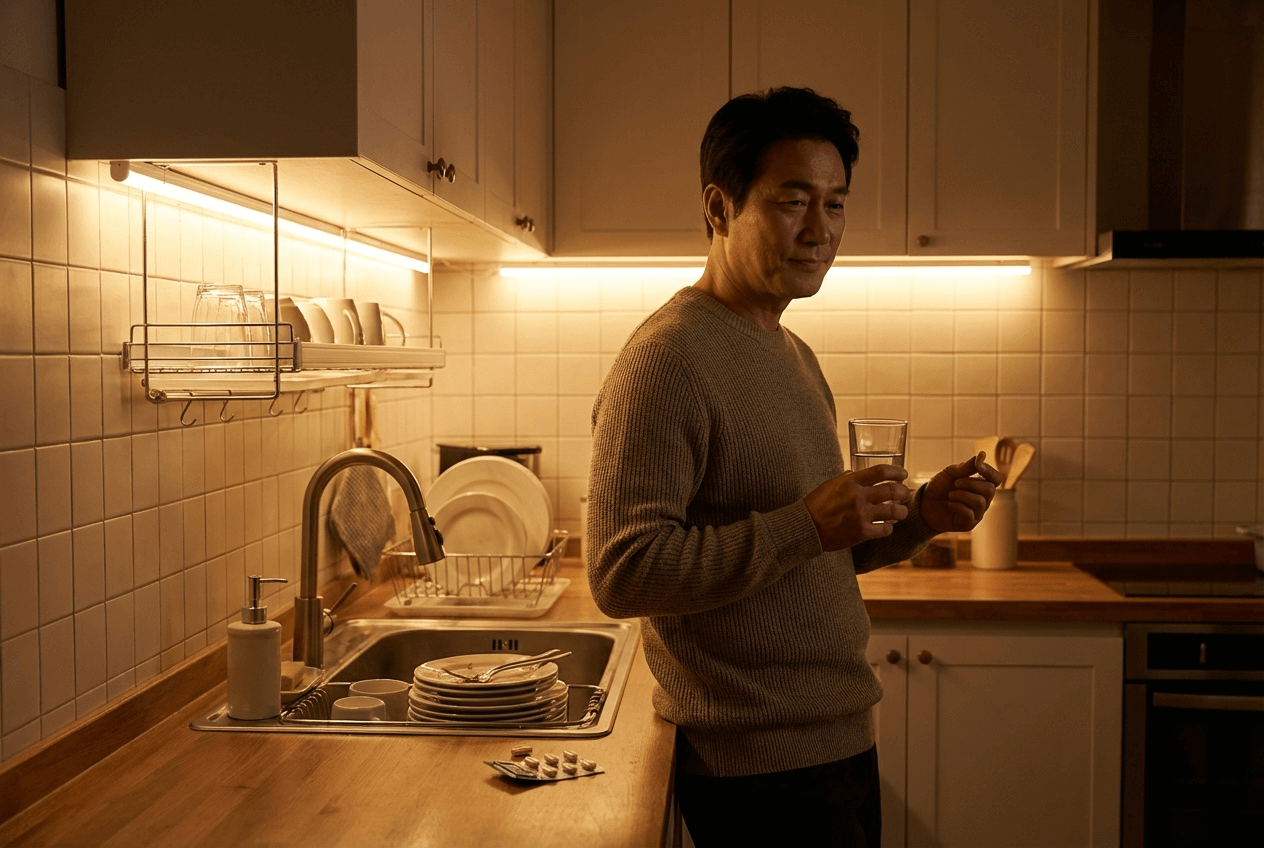 따뜻한 주방 조명 아래에서 설거지가 끝난 싱크대 옆에 서 있는 중년 한국인 남성이 한 손에는 물이 담긴 유리컵을, 다른 손에는 작은 정제를 들고 저녁 루틴을 준비하는 모습의 이미지입니다. 조용한 밤 시간대에 하루를 마무리하며 건강 관리용 영양제를 챙겨 먹는 편안한 분위기를 보여줍니다.