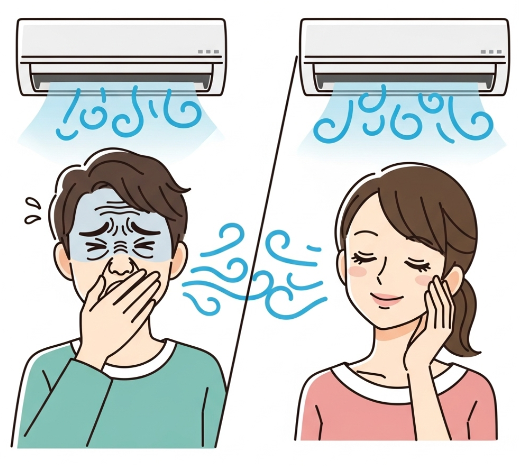 셀프 에어컨 냄새 제거 한 집과 아닌 집에서 느끼는 사람들의 행복한 표정 차이를 보여주고 있다. 한 집은 코를 막고, 한 집은 상쾌하게 숨을 쉬는 모습.