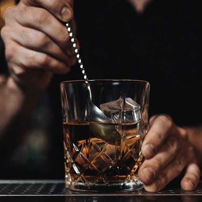 믹싱 글라스에서 정교하게 저어 완성하는 황금빛 티퍼러리 제조 과정