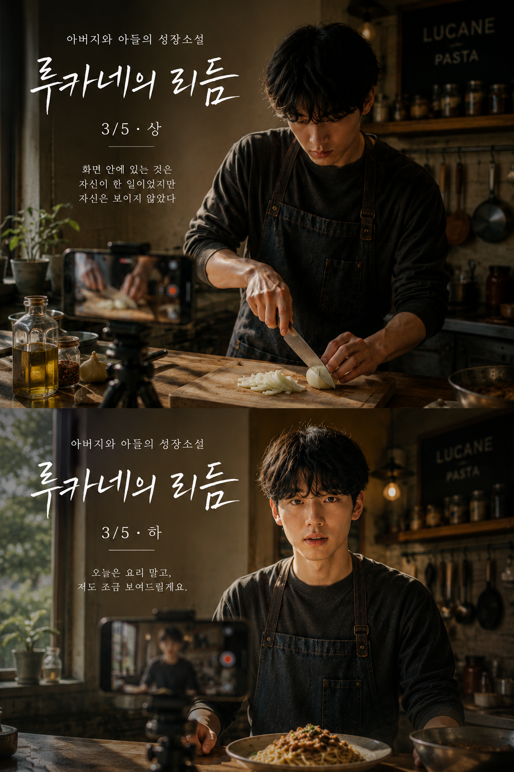 A teenage boy in a dark apron stands in a warmly lit family pasta kitchen, facing a smartphone camera on a tripod with a plate of pasta in front of him. The cover represents Part 3-2 of “Lucane’s Rhythm,” showing Ian beginning to step into the frame himself and reveal who he is, rather than letting only his cooking speak for him.