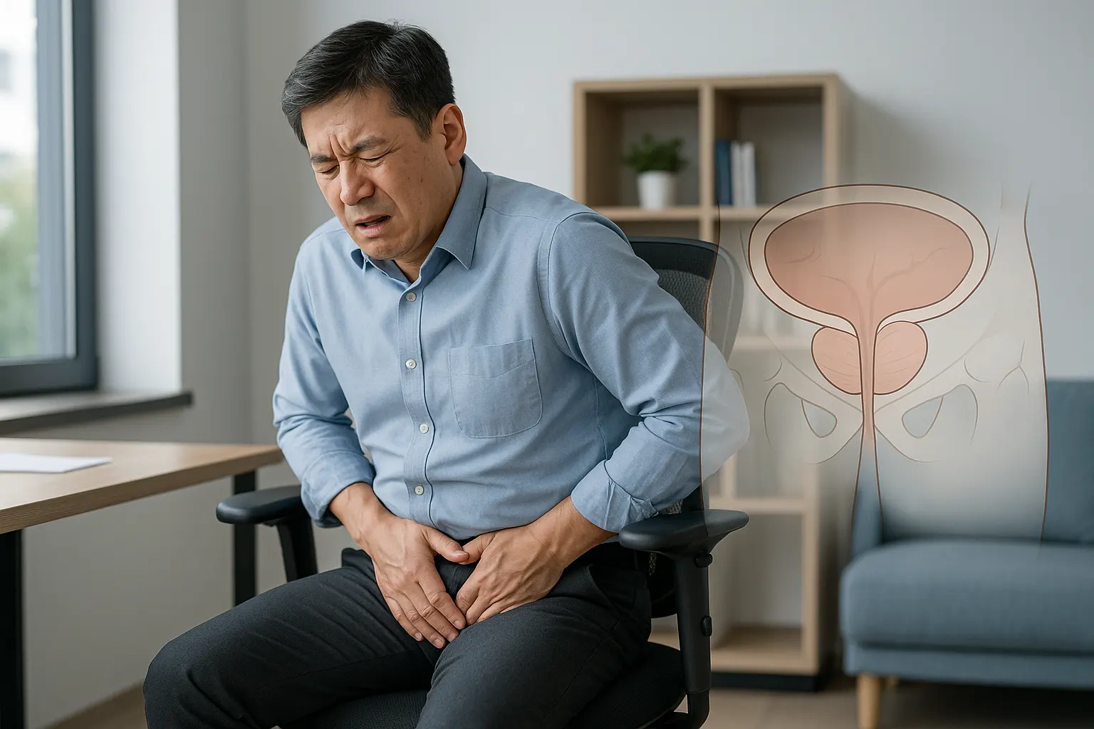 의자에 오래 앉아 있다가 아랫배와 회음부를 누르며 불편해하는 중년 남성, 회음부 위치를 표시한 의학 일러스트