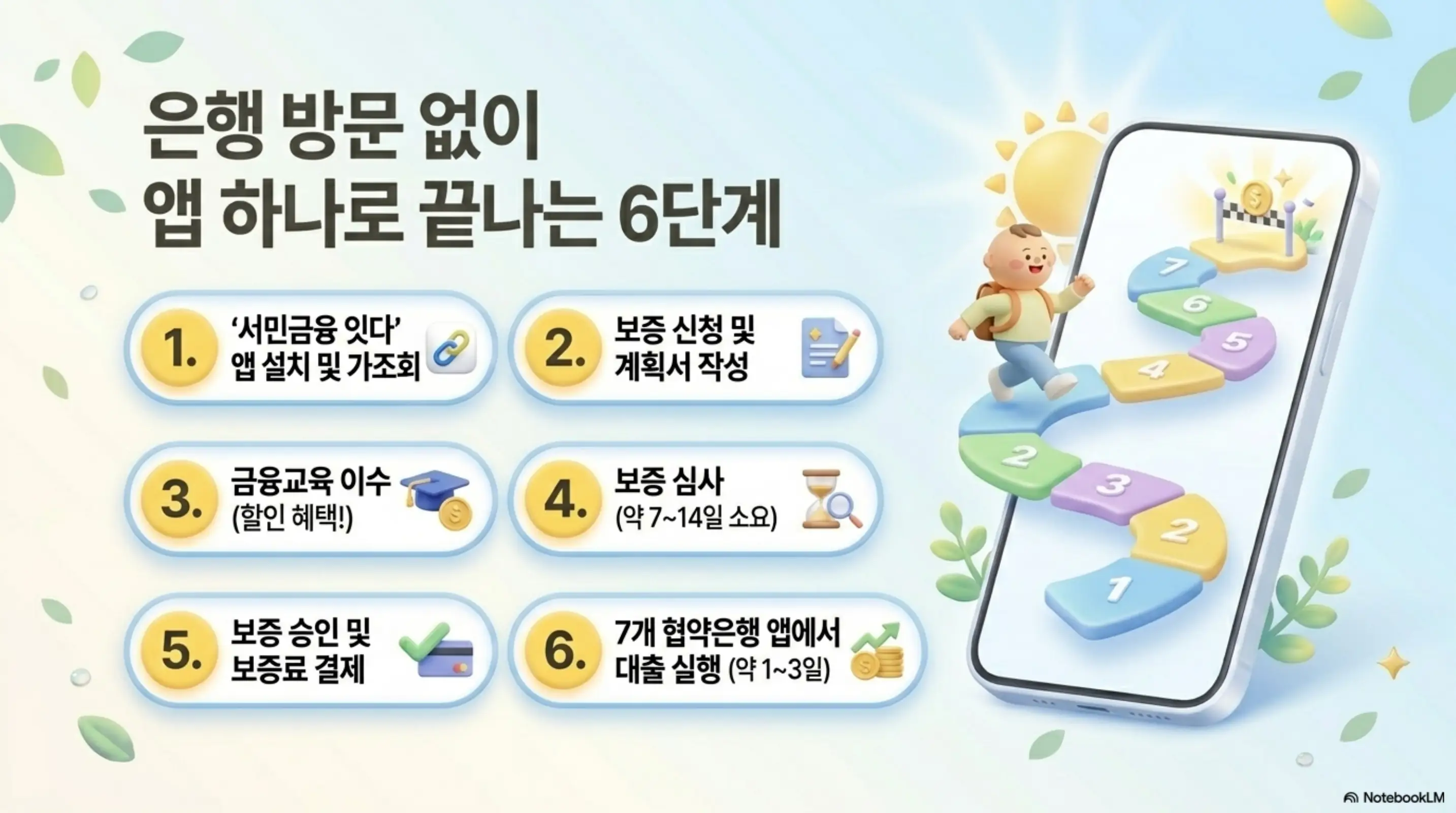 햇살론유스 조건: 은행 방문 없이 앱 하나로 끝나는 6단계라는 제목 아래 스마트폰 일러스트와 함께 1단계 서민금융 잇다 앱 설치 및 가조회부터 2단계 보증 신청 및 계획서 작성과 3단계 금융교육 이수 할인 혜택과 4단계 보증 심사 약 7에서 14일 소요와 5단계 보증 승인 및 보증료 결제와 6단계 7개 협약은행 앱에서 대출 실행 약 1에서 3일까지 순서가 표시되어 있다. 이 이미지는 햇살론유스 신청방법 6단계 절차를 시각적으로 전달하며 블로그의 햇살론유스 신청방법과 심사기간 섹션과 관련된 내용을 설명함