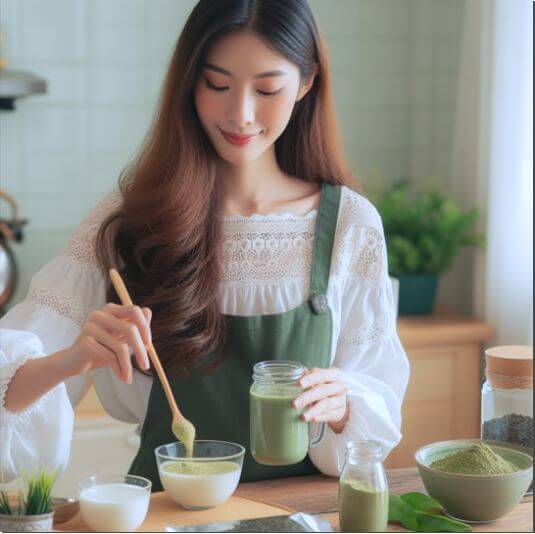 녹차 팩을 준비하는 여성