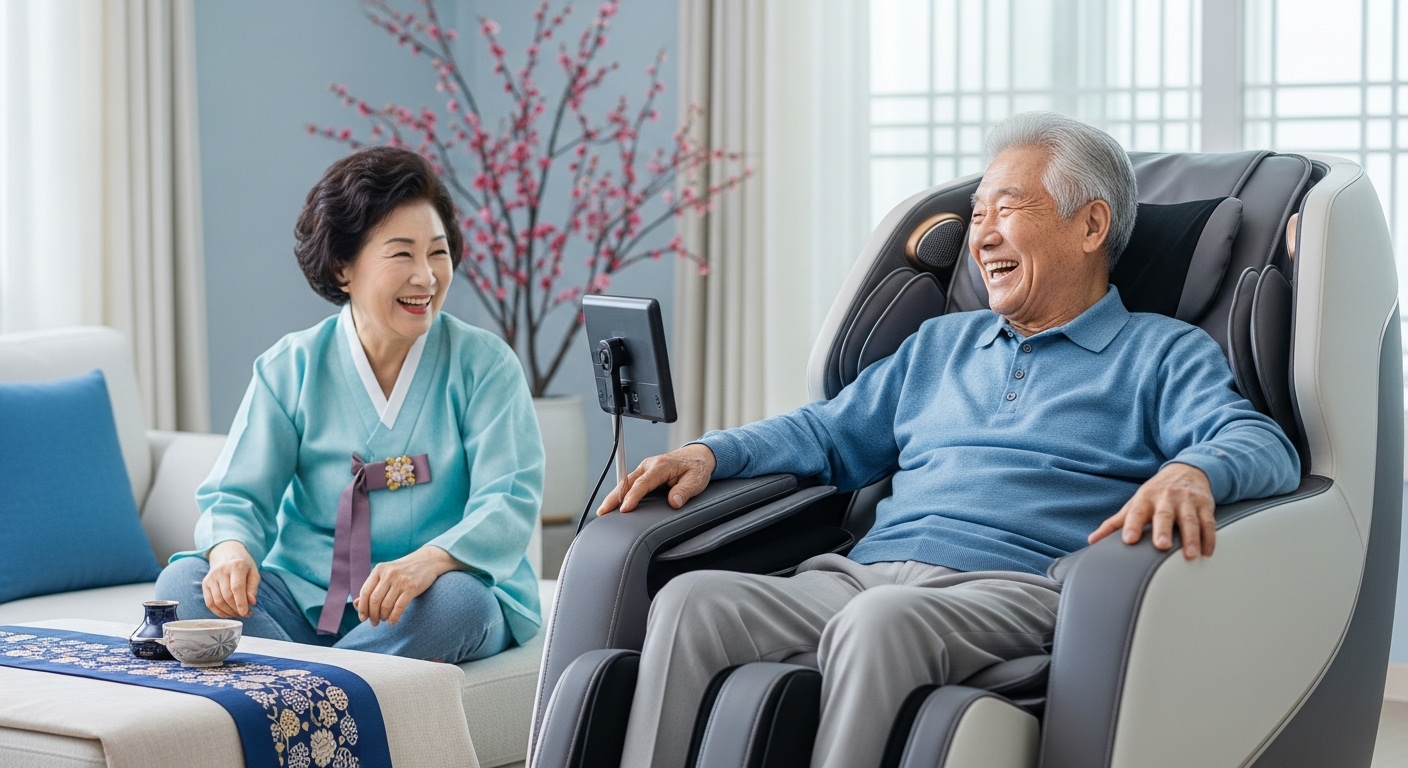 2026년 설 연휴, 편안한 안마의자에 앉아 환하게 웃는 노부부의 모습. 부모님 효도 선물로 안마의자가 가져다주는 행복과 휴식을 상징합니다.