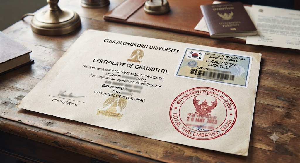 외교부 영사확인 스티커와 주한 태국 대사관의 빨간색 공증 도장이 찍힌 영문 졸업증명서
