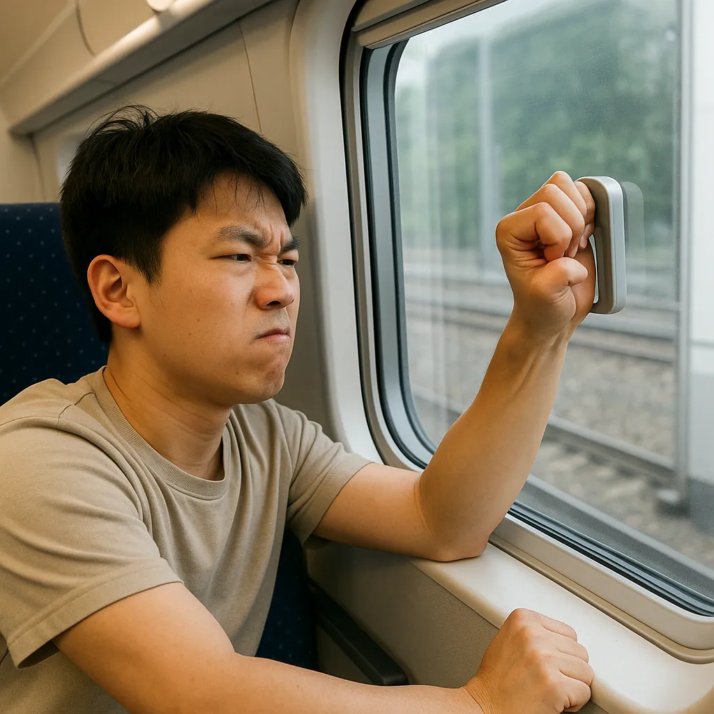 기차-창문이-쉽게-열리지-않아-힘주어-손잡이를-잡고-있는-승객의-표정을-담은-장면으로,-기차-창문의-안전장치와-개폐-제한을-상징적으로-표현한-이미지