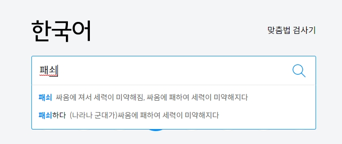'패쇠'의 사전적 의미가 나타난 화면