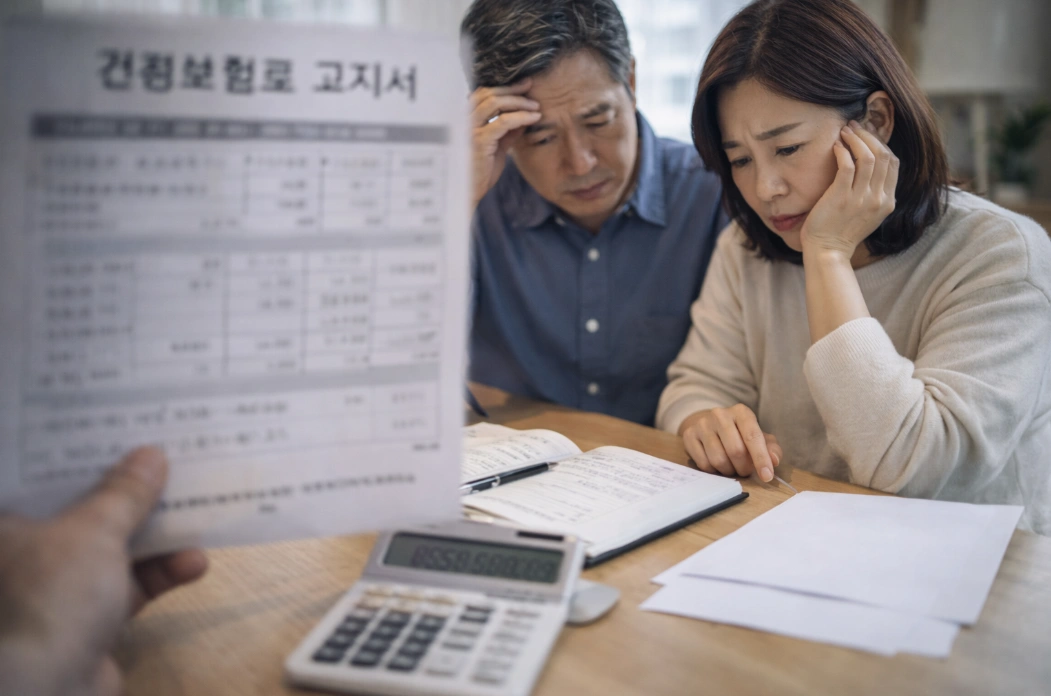 40~50대 한국 부부가 가계부와 계산기를 보며 건강보험료 피부양자 자격 상실 가능성을 점검하는 모습